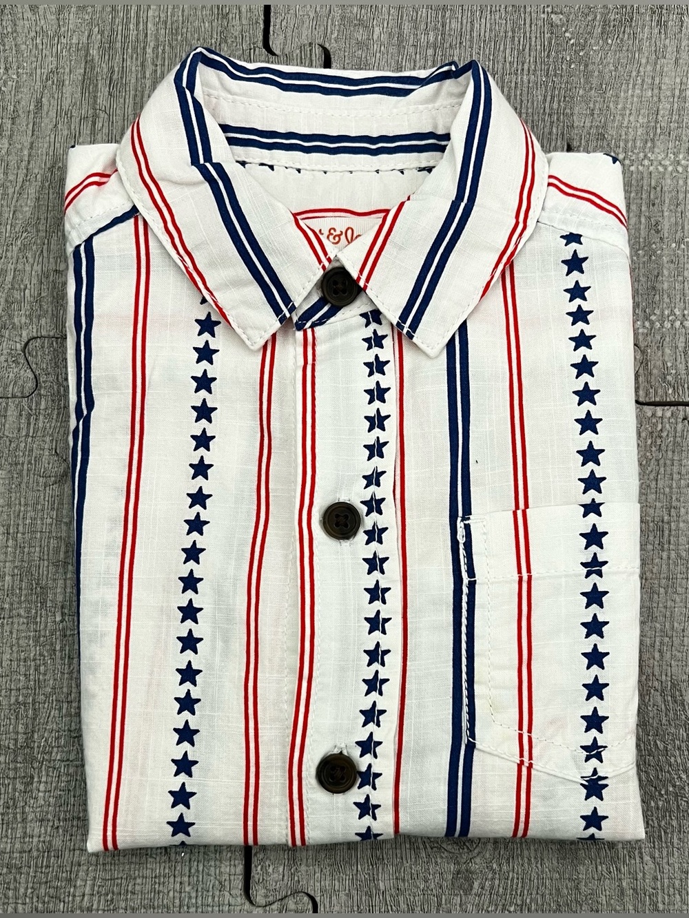 Cat & Jack Boys 3T Button-Up Shirt Red White Blue Striped Stars Pocket Cotton